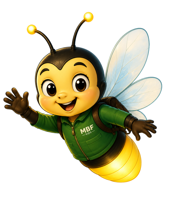 Lumi, the MBF Kids firefly mascot, waving and flying