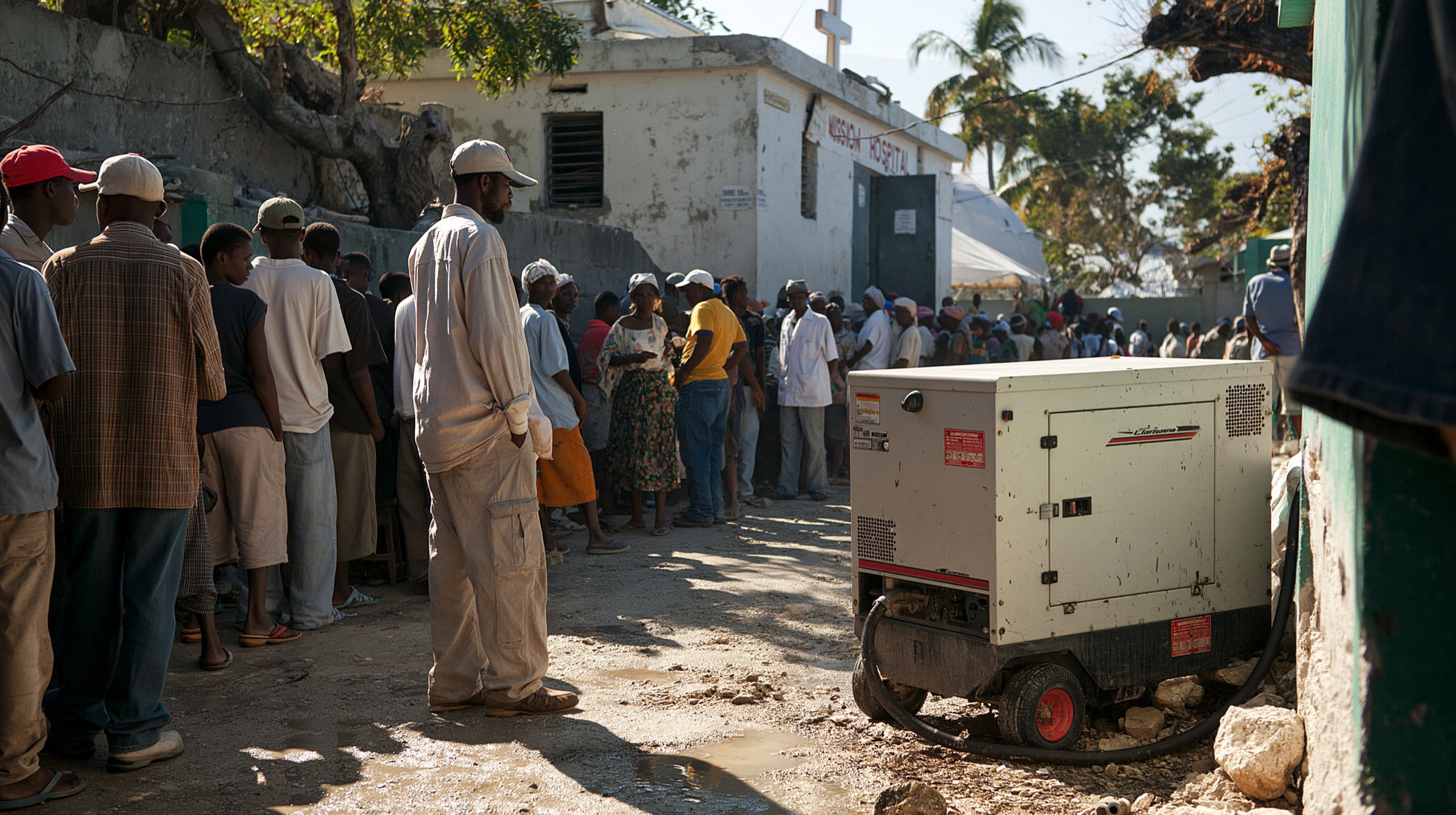Patients and families wait in a long line outside a hospital in Haiti beside a mobile generator.