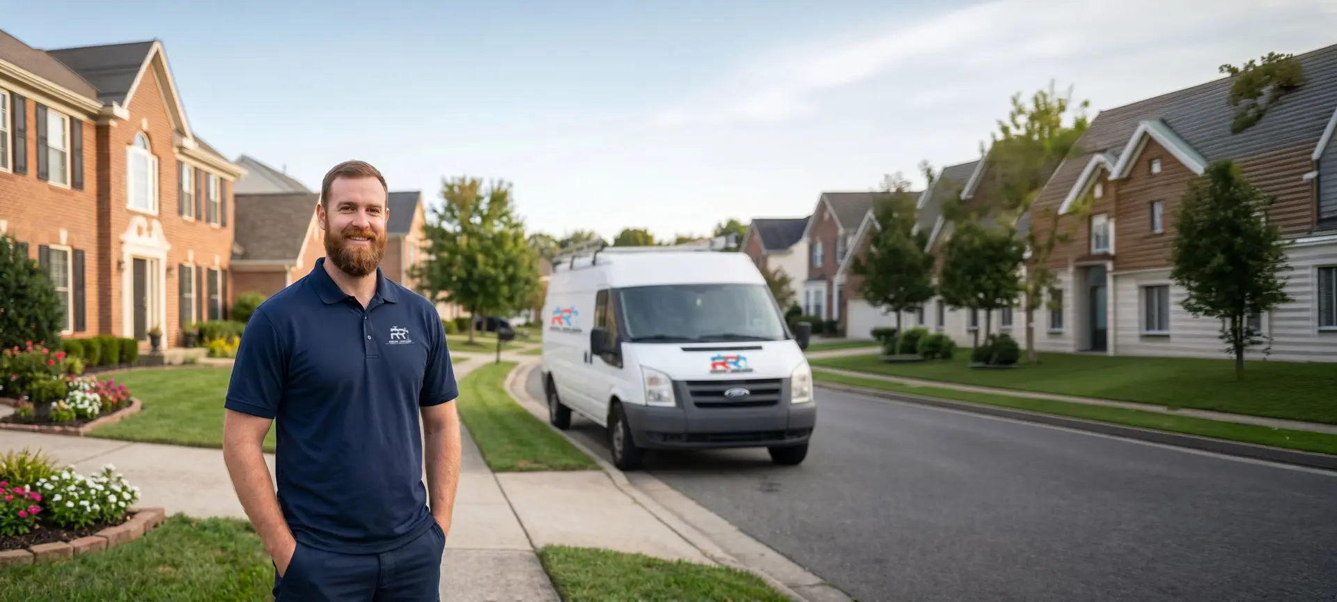 A Repipe & Replumb plumber and service van in a Houston neighborhood